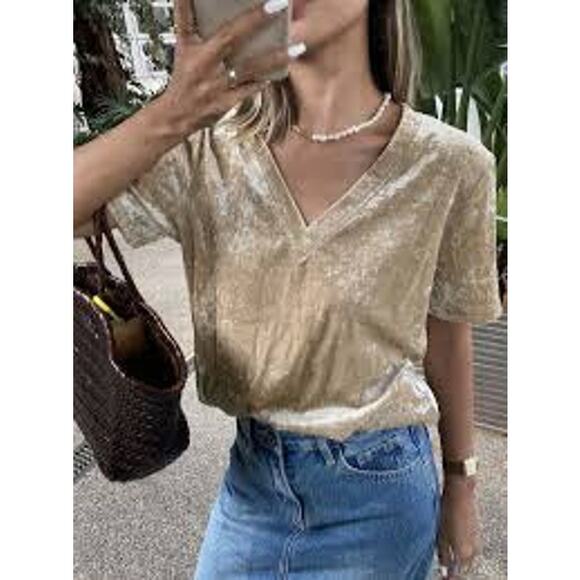 Womens Dazy Crushed Velvet Top Sz L Whimsical Holiday Short Sleeve Gold T Shirt - Picture 2 of 12